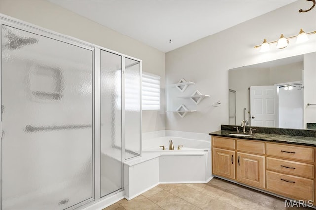 1587 Paradise Valley Dr, High Ridge, MO 63049 - bathroom with vanity, a stall shower, a bath, and tile patterned flooring