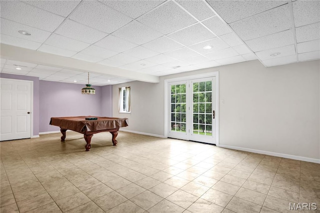 1587 Paradise Valley Dr, High Ridge, MO 63049 - playroom featuring a paneled ceiling, billiards, tile patterned floors, and recessed lighting