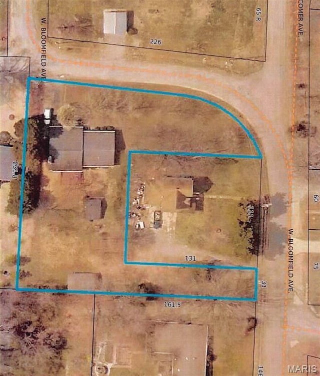603 W Bloomfield Ave, Bloomfield, MO 63825 - aerial view of property's location featuring property boundaries highlighted