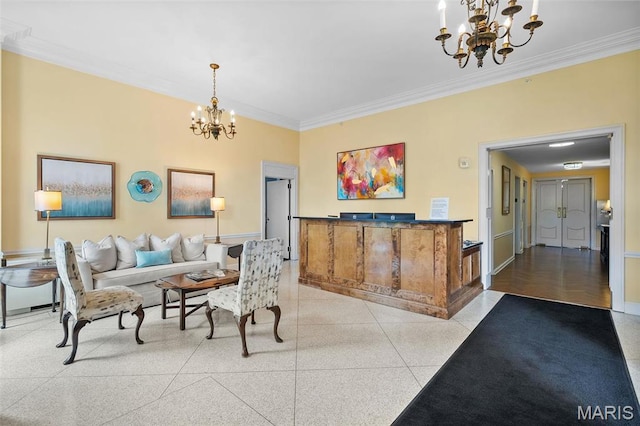 900 S Hanley Rd Unit 7B, Saint Louis, MO 63105 - living area with a chandelier, dark aggregate flooring, ornamental molding, and baseboards