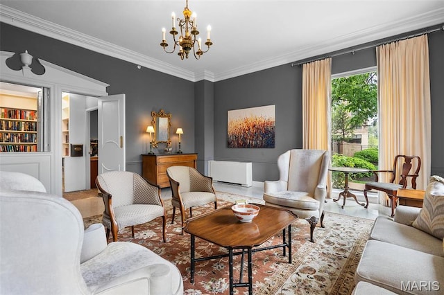 900 S Hanley Rd Unit 7B, Saint Louis, MO 63105 - living room featuring ornamental molding, a chandelier, radiator, and built in shelves