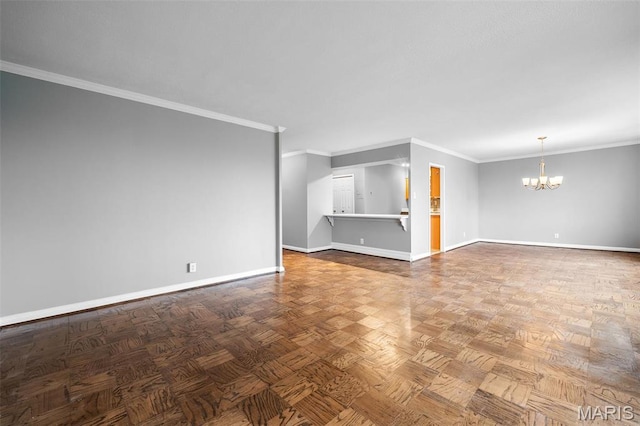 900 S Hanley Rd Unit 7B, Saint Louis, MO 63105 - unfurnished living room featuring a chandelier, baseboards, and ornamental molding