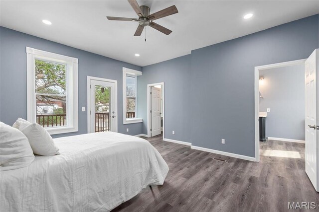 3244 Michigan Ave, Saint Louis, MO 63118 - bedroom with access to outside, dark wood-style flooring, recessed lighting, baseboards, and a ceiling fan