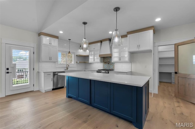 242 Orange Bowl Dr, Cape Girardeau, MO 63701 - kitchen featuring dishwasher, a sink, custom exhaust hood, white cabinetry, and blue cabinetry