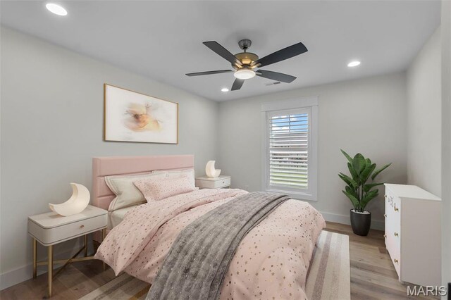 242 Orange Bowl Dr, Cape Girardeau, MO 63701 - bedroom with recessed lighting, baseboards, light wood-style flooring, and a ceiling fan