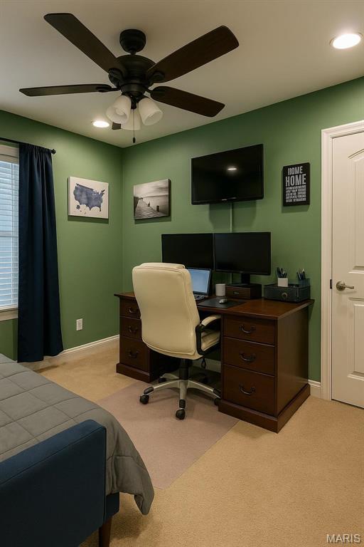9794 Cedar Dr, Hillsboro, MO 63050 - bedroom with light colored carpet, an office area, ceiling fan, baseboards, and recessed lighting