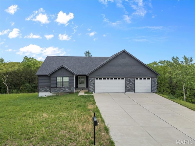 764 Red Clover Dr, Cedar Hill, MO 63016 - single story home with stone siding, an attached garage, driveway, and a front lawn