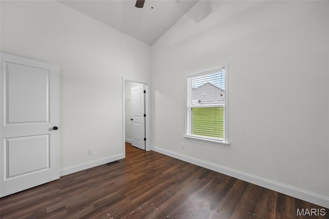 764 Red Clover Dr, Cedar Hill, MO 63016 - unfurnished bedroom with high vaulted ceiling, dark wood-type flooring, baseboards, and a ceiling fan