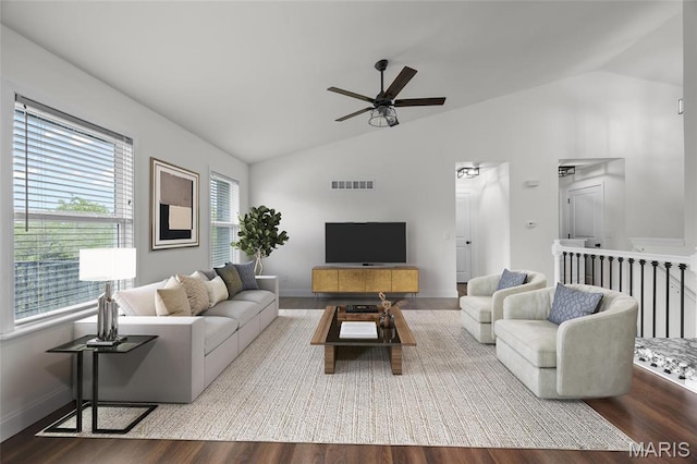 764 Red Clover Dr, Cedar Hill, MO 63016 - living room with lofted ceiling, wood finished floors, ceiling fan, and baseboards