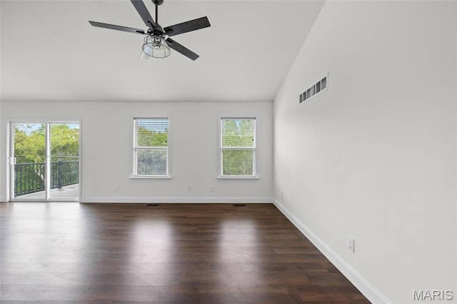 764 Red Clover Dr, Cedar Hill, MO 63016 - empty room featuring lofted ceiling, ceiling fan, dark wood-style flooring, and baseboards