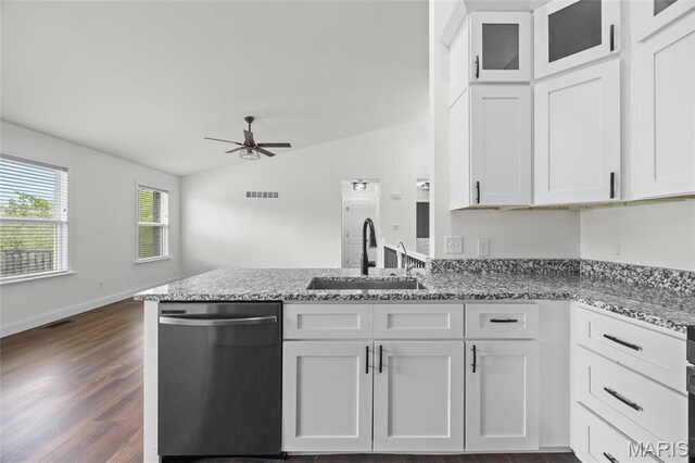 764 Red Clover Dr, Cedar Hill, MO 63016 - kitchen with stainless steel dishwasher, a sink, ceiling fan, white cabinets, and a peninsula