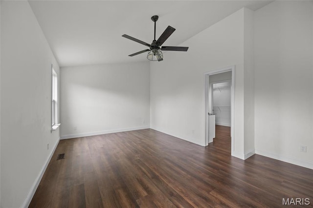 764 Red Clover Dr, Cedar Hill, MO 63016 - empty room featuring vaulted ceiling, a ceiling fan, dark wood-style flooring, and baseboards