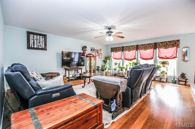 6144 Misty Meadow Dr, House Springs, MO 63051 - living area with plenty of natural light, a ceiling fan, and hardwood / wood-style flooring