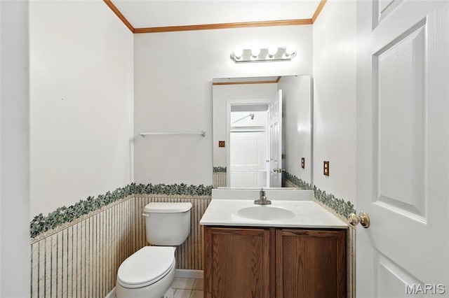 6144 Misty Meadow Dr, House Springs, MO 63051 - bathroom with vanity, a wainscoted wall, ornamental molding, and tile patterned flooring