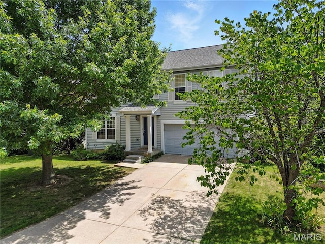 6144 Misty Meadow Dr, House Springs, MO 63051 - obstructed view of property with a garage, driveway, a front yard, and a shingled roof