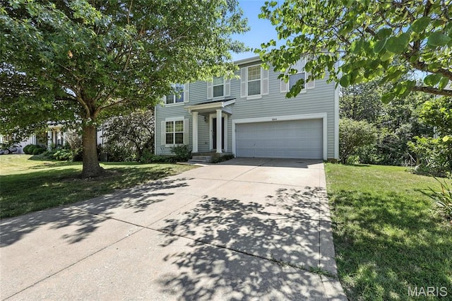 6144 Misty Meadow Dr, House Springs, MO 63051 - view of front of house featuring an attached garage, a front lawn, and concrete driveway