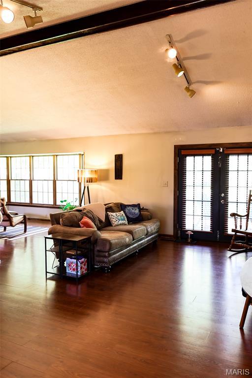 5501 Dober Ln, Saint Louis, MO 63129 - living room with rail lighting, wood finished floors, and plenty of natural light