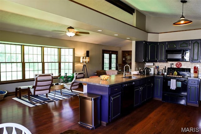 5501 Dober Ln, Saint Louis, MO 63129 - kitchen featuring black appliances, a sink, a peninsula, decorative backsplash, and ceiling fan