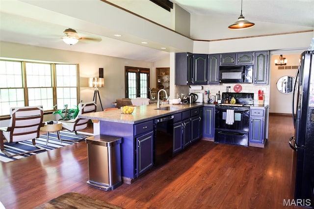 5501 Dober Ln, Saint Louis, MO 63129 - kitchen featuring black appliances, a sink, a peninsula, dark wood finished floors, and ceiling fan