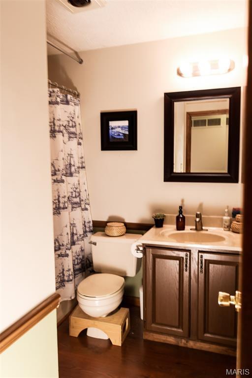 5501 Dober Ln, Saint Louis, MO 63129 - bathroom with vanity, toilet, wood finished floors, and a shower with curtain