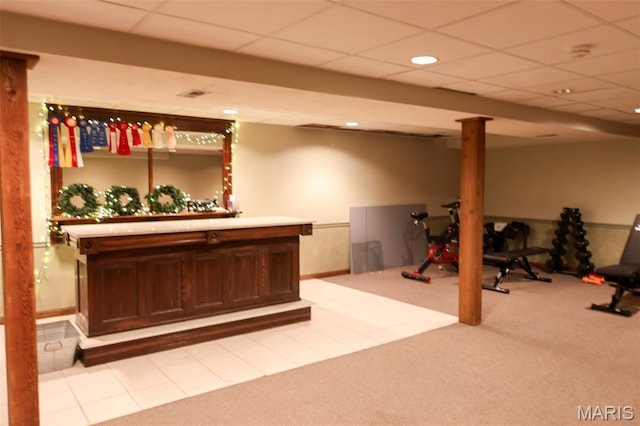 5501 Dober Ln, Saint Louis, MO 63129 - bar with baseboards, a paneled ceiling, carpet flooring, and recessed lighting