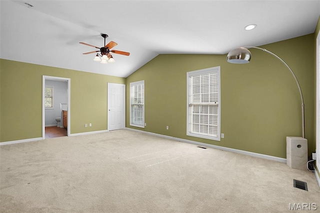 385 E Clinton Pl, Saint Louis, MO 63122 - unfurnished bedroom featuring vaulted ceiling, carpet floors, baseboards, ensuite bath, and ceiling fan