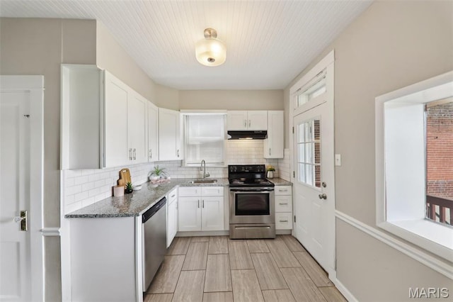 4942 Bonita Ave, Saint Louis, MO 63109 - kitchen featuring appliances with stainless steel finishes, under cabinet range hood, tasteful backsplash, and plenty of natural light