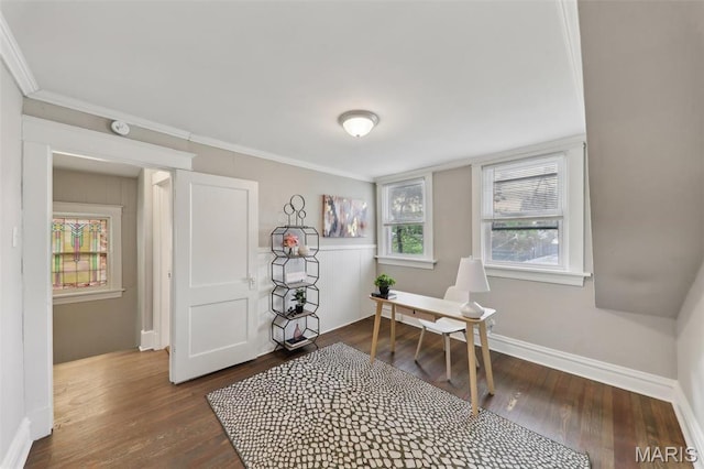 4942 Bonita Ave, Saint Louis, MO 63109 - office space featuring dark wood-style flooring, ornamental molding, and baseboards