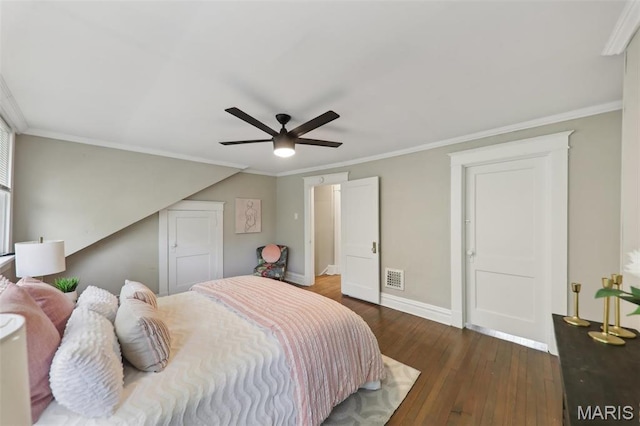 4942 Bonita Ave, Saint Louis, MO 63109 - bedroom featuring dark wood-style flooring, baseboards, ornamental molding, and ceiling fan