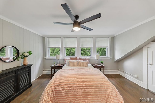 4942 Bonita Ave, Saint Louis, MO 63109 - bedroom featuring ornamental molding, dark wood finished floors, baseboards, and a ceiling fan