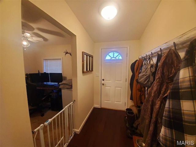 511 Grant St, Canton, MO 63435 - entryway featuring wood finished floors, baseboards, an office area, and ceiling fan