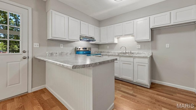 939 Vosholl Ave, Warrenton, MO 63383 - kitchen featuring stainless steel range with electric cooktop, a sink, under cabinet range hood, and decorative backsplash