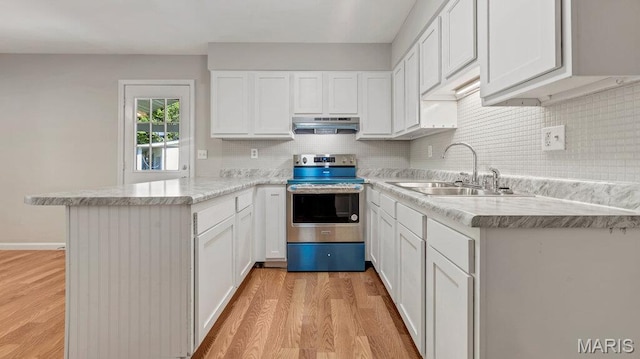 939 Vosholl Ave, Warrenton, MO 63383 - kitchen featuring stainless steel electric stove, under cabinet range hood, a sink, a peninsula, and light wood-style flooring