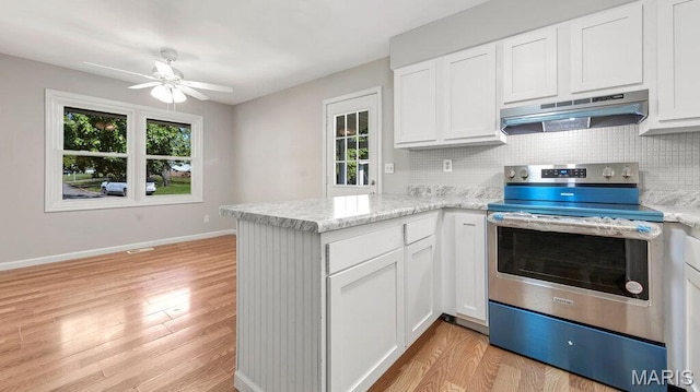 939 Vosholl Ave, Warrenton, MO 63383 - kitchen featuring under cabinet range hood, electric stove, plenty of natural light, and a peninsula