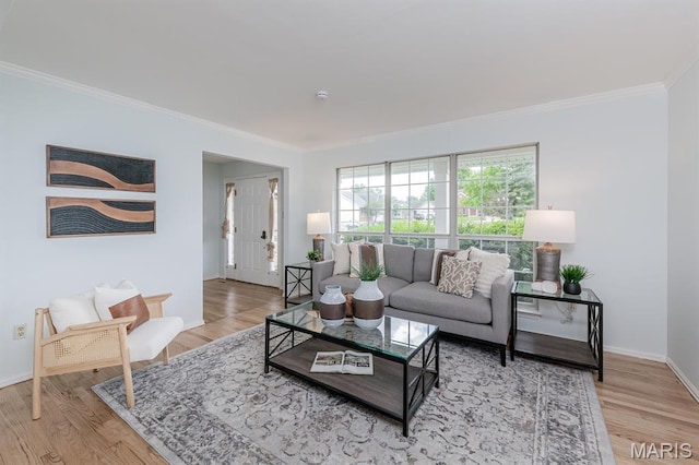 200 Kylewood Ct, Ballwin, MO 63021 - living room with ornamental molding, light wood-style flooring, and baseboards