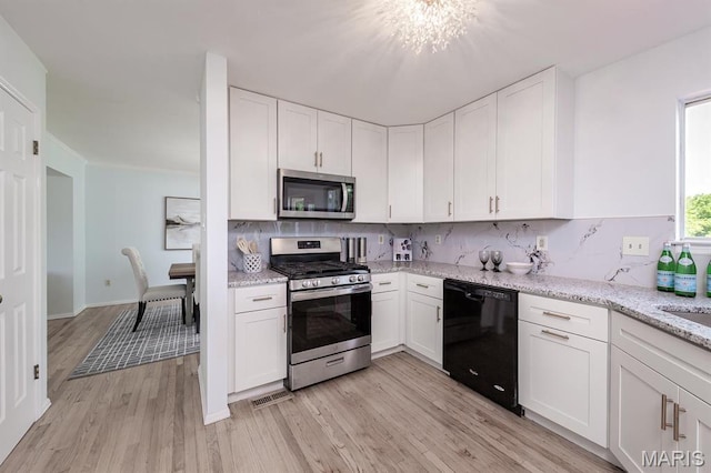 200 Kylewood Ct, Ballwin, MO 63021 - kitchen with appliances with stainless steel finishes, light wood-type flooring, decorative backsplash, and white cabinetry