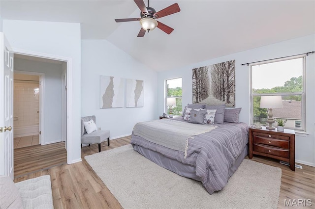 200 Kylewood Ct, Ballwin, MO 63021 - bedroom with light wood-style flooring, lofted ceiling, baseboards, and ceiling fan