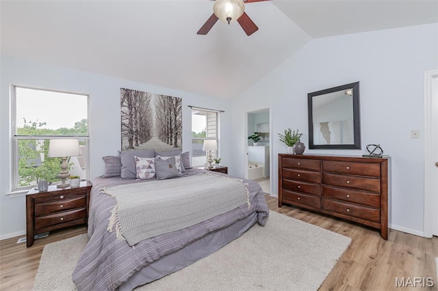 200 Kylewood Ct, Ballwin, MO 63021 - bedroom featuring vaulted ceiling, light wood-style floors, baseboards, ceiling fan, and connected bathroom