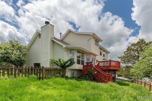 200 Kylewood Ct, Ballwin, MO 63021 - rear view of property with a deck, fence, a chimney, and stairs