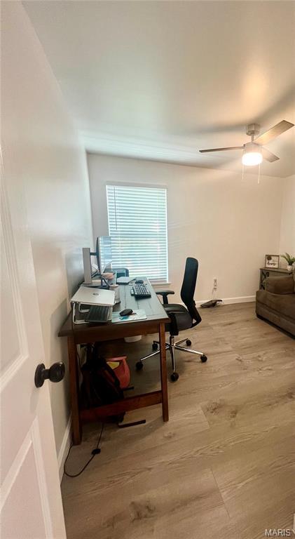 3605 Tracey Rich Rd Unit 1A, Saint Louis, MO 63125 - office area featuring light wood-type flooring, a ceiling fan, and baseboards