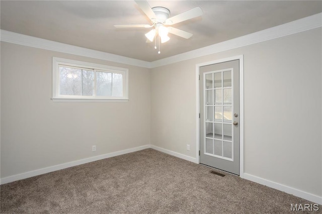 5604 Mark Trl, House Springs, MO 63051 - empty room featuring carpet flooring, ornamental molding, a ceiling fan, and baseboards
