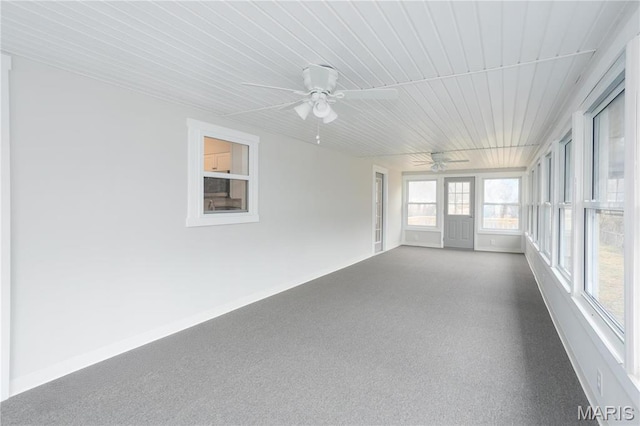 5604 Mark Trl, House Springs, MO 63051 - unfurnished sunroom featuring ceiling fan, wood ceiling, and baseboards