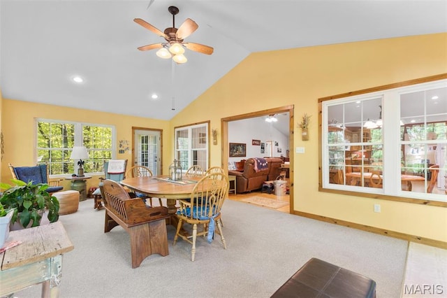 102 Timber Ln, Farmington, MO 63640 - dining area featuring lofted ceiling, ceiling fan, carpet floors, and recessed lighting