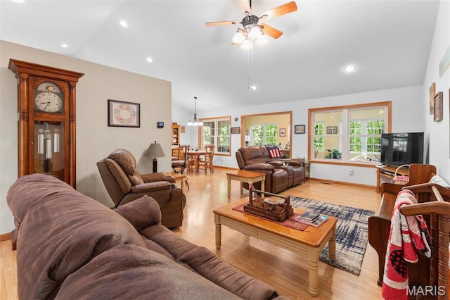 102 Timber Ln, Farmington, MO 63640 - living area with vaulted ceiling, a ceiling fan, light wood-style flooring, recessed lighting, and baseboards
