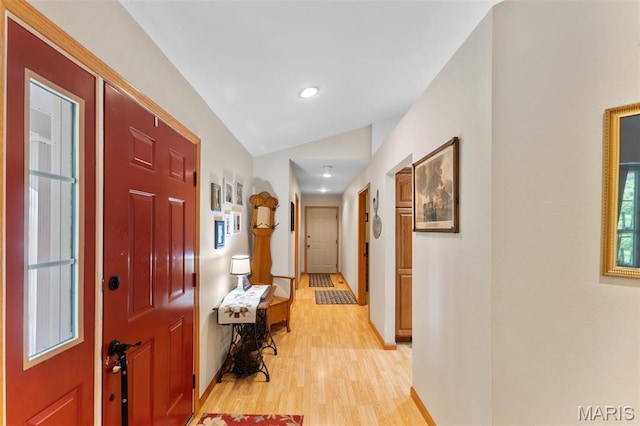 102 Timber Ln, Farmington, MO 63640 - hallway with light wood-style flooring, baseboards, recessed lighting, and vaulted ceiling