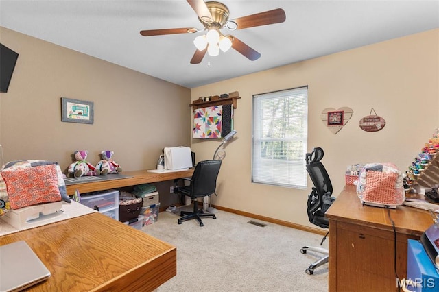 102 Timber Ln, Farmington, MO 63640 - home office with carpet flooring, a ceiling fan, and baseboards