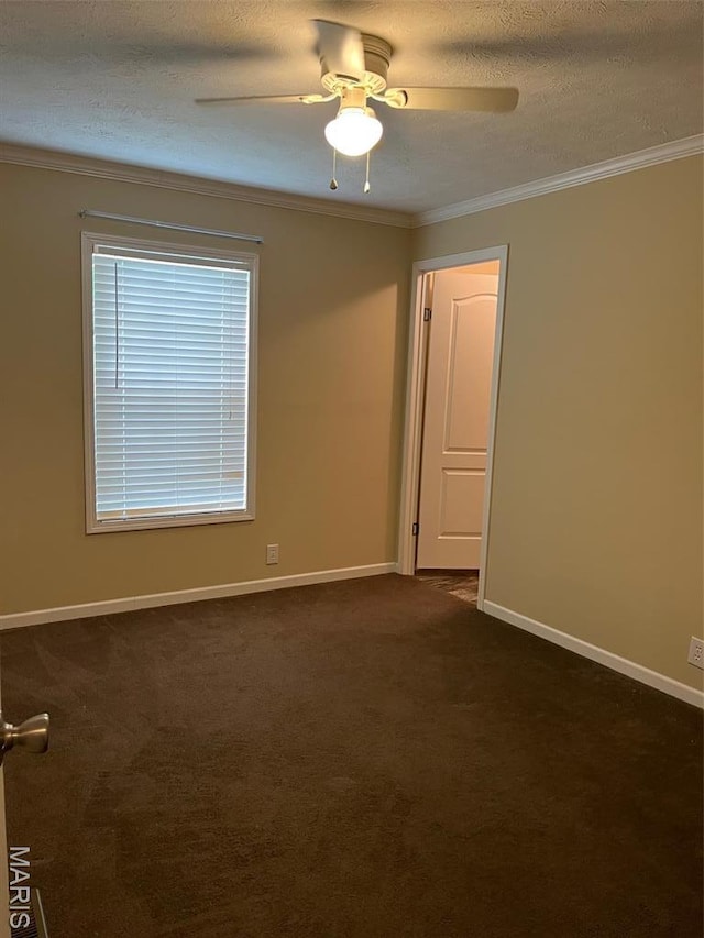 474 Bluffview Dr, Piedmont, MO 63957 - unfurnished room featuring a ceiling fan, crown molding, dark carpet, baseboards, and a textured ceiling