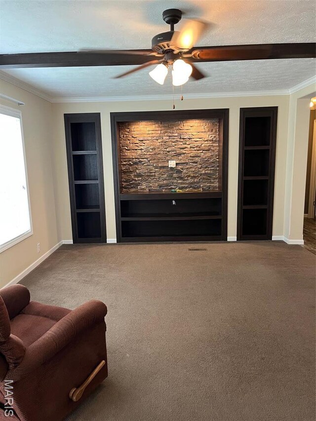 474 Bluffview Dr, Piedmont, MO 63957 - living room with built in shelves, baseboards, carpet flooring, ceiling fan, and ornamental molding
