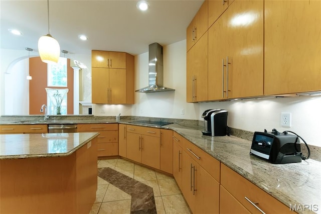 1025 Cobblestone Dr, Rolla, MO 65401 - kitchen featuring wall chimney exhaust hood, dishwasher, light tile patterned flooring, light stone counters, and hanging light fixtures