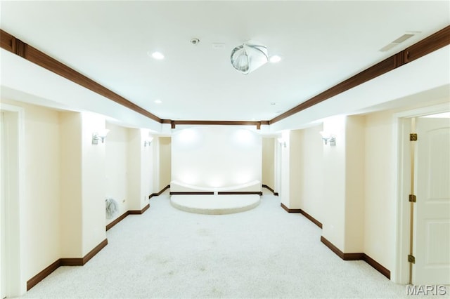 1025 Cobblestone Dr, Rolla, MO 65401 - finished basement featuring carpet flooring, baseboards, ornamental molding, and recessed lighting